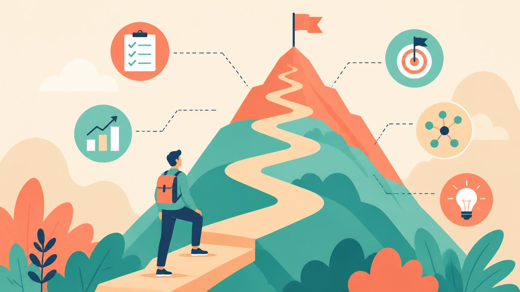 A person climbing a mountain path toward the summit, representing progress through the three stages of membership success